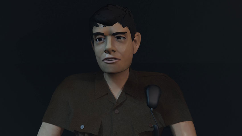 A 3D digital character model of a man with short dark hair, wearing a brown short-sleeved button-down shirt against a dark background.