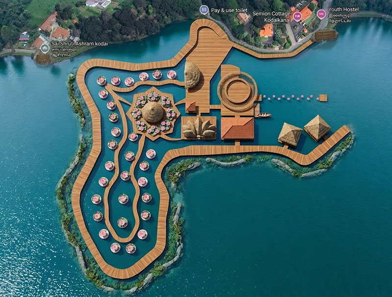 The proposed floating resort with restaurant, retail and water sport activities.