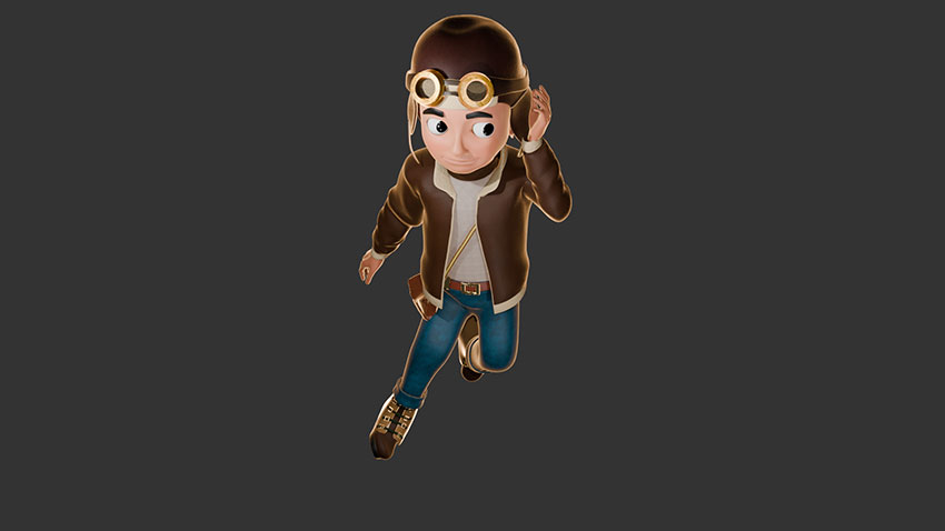 A 3D cartoon-style character of a young aviator wearing a leather jacket, flight cap, and goggles, posed as if running or flying against a grey background.