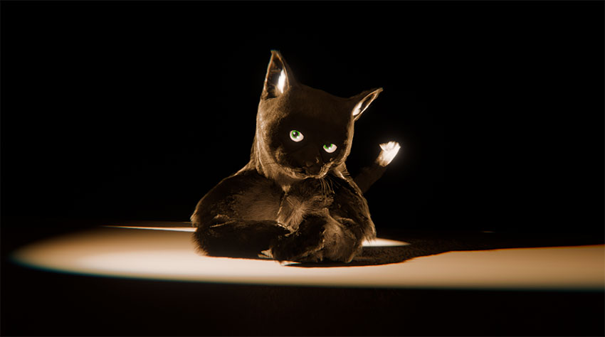 A 3D render of a black cat with glowing green eyes sitting under a dramatic spotlight in a dark room.