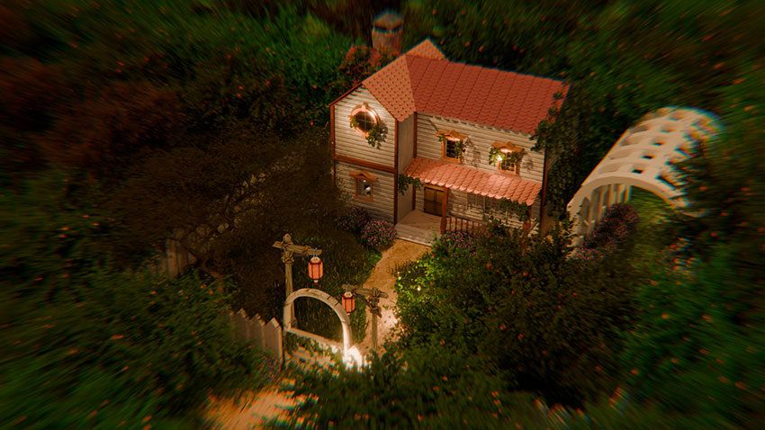 Stylized 3D render of an older woman with short grey hair standing in front of a European-style storefront at dusk.