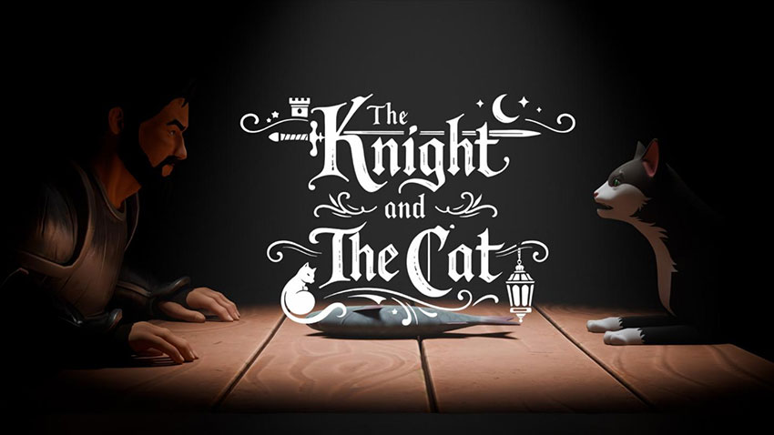 Digital illustration titled The Knight and The Cat featuring a knight and a tuxedo cat facing each other across a wooden table with a fish between them.