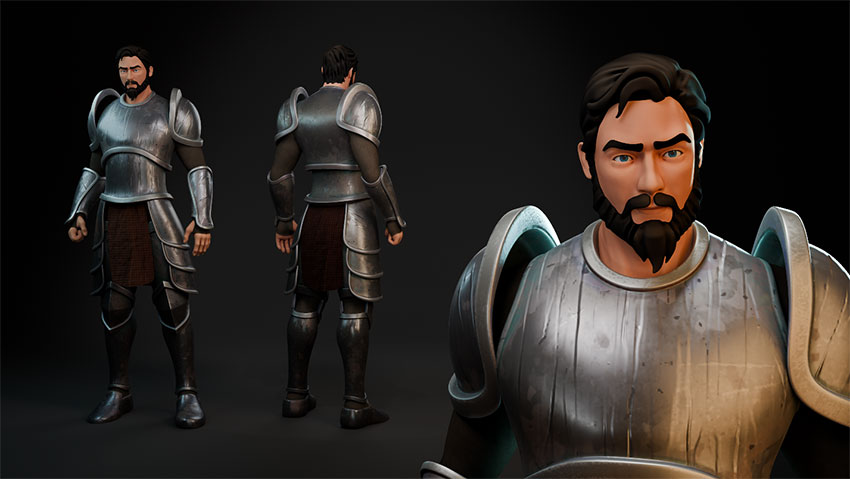A character design sheet showing three views—front, back, and a close-up portrait—of a bearded knight in silver plate armor.