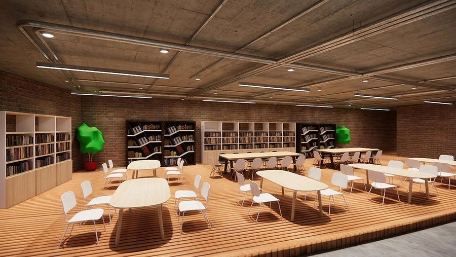 A modern library interior with industrial design elements, including an exposed concrete ceiling with metal conduits and brick walls.