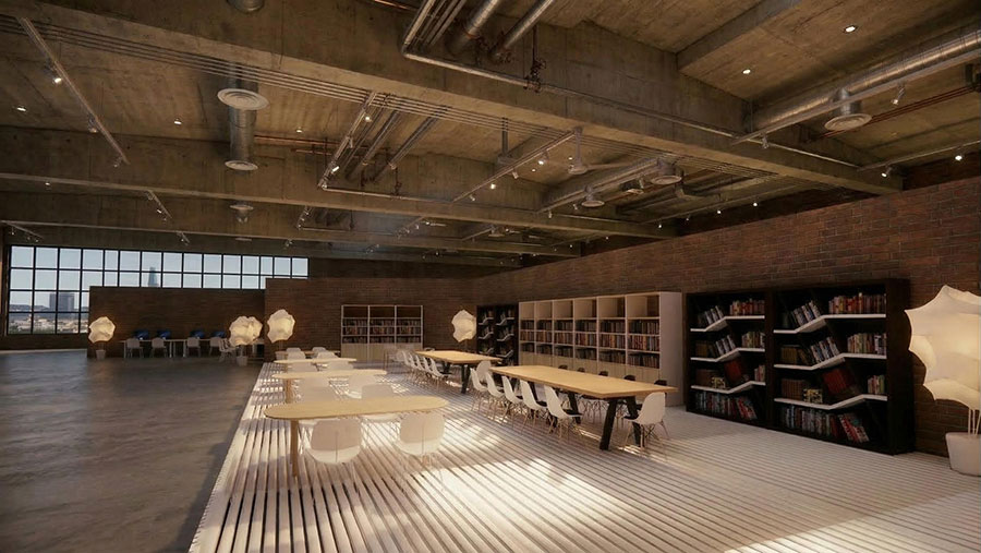 An expansive library and study area featuring an industrial aesthetic with exposed concrete ceilings, brick walls, and large windows offering a city view.