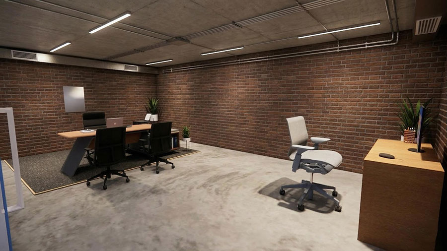 A modern executive office interior with an industrial design, featuring exposed concrete ceilings with metal conduits and dark red brick walls.
