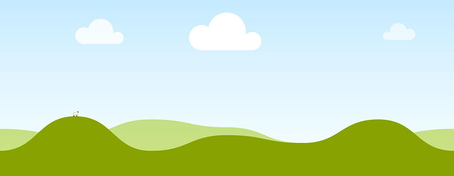 A minimalist, flat-style 2D illustration of rolling green hills under a clear blue sky with three simple white clouds.