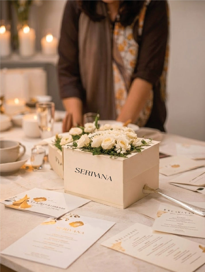 An elegant cream-colored SERIVANA gift box overflowing with white roses, set on a beautifully arranged table with branded stationery and lit candles.