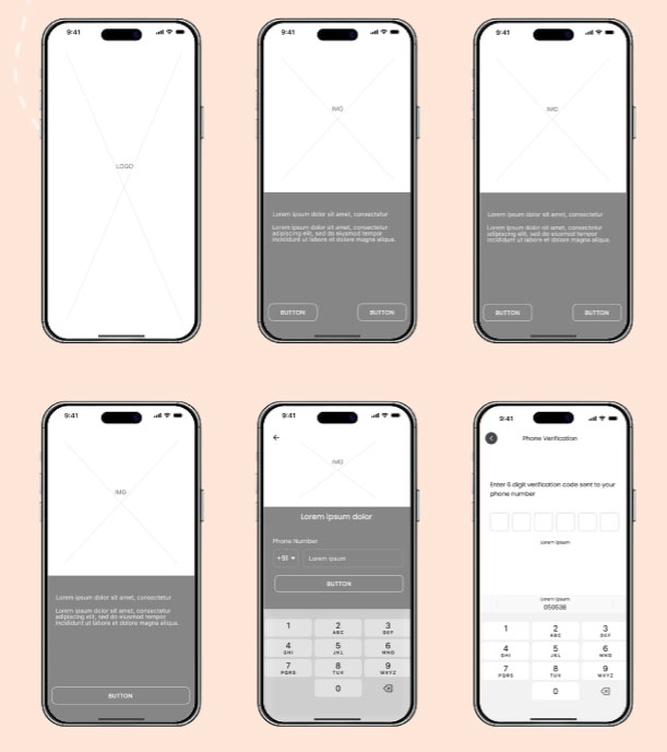 Mobile app wireframe screens showing onboarding, login, phone number entry, and verification flow