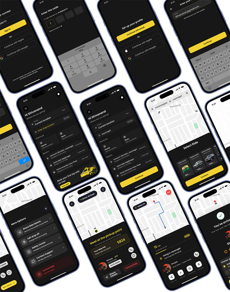 Ride-booking mobile app UI screens showcasing authentication, profile setup, location search, ride selection, and trip tracking