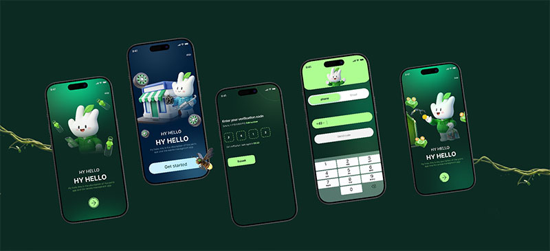A mobile app UI showcase for the Eco Hold project featuring a dark-themed design and vibrant green accents across five smartphone screens.