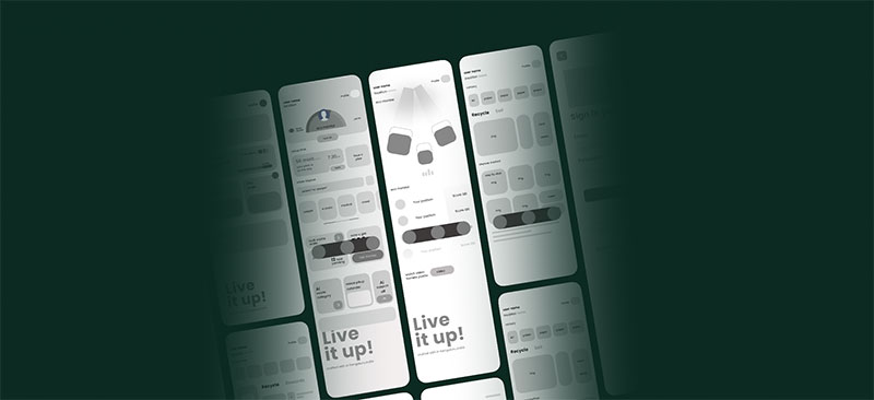 High-fidelity wireframes for the Eco Hold mobile app student project, showcasing a series of UI layouts in a grayscale theme on a dark green background.