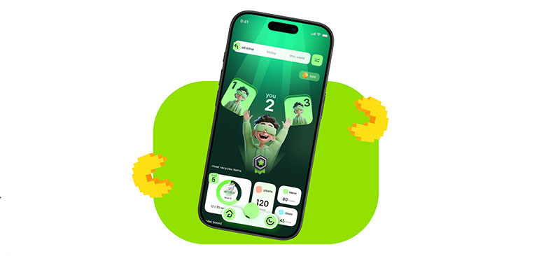 A gamified leaderboard screen for the Eco Hold app, featuring a 3D avatar on a podium and statistics for recycled items like plastic and metal.