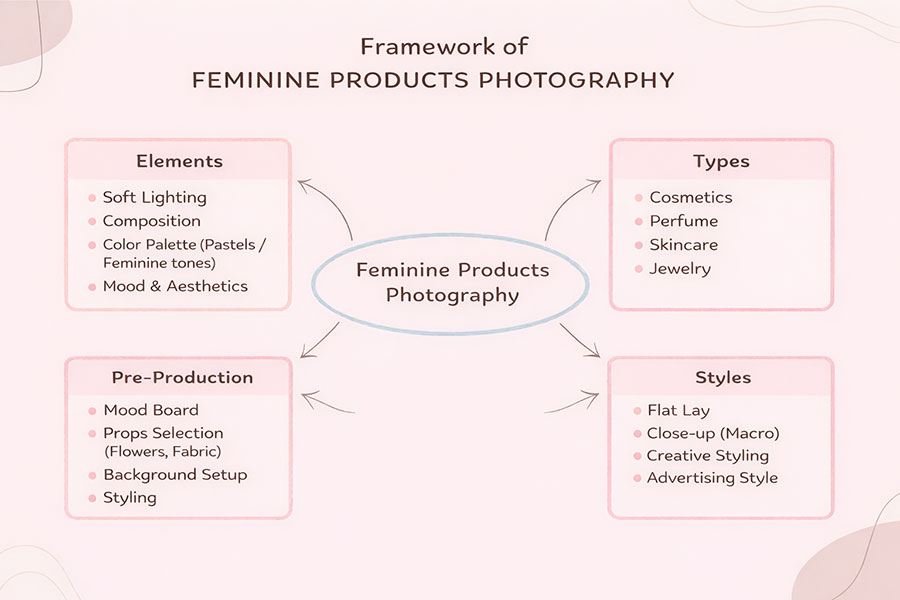 A mind map titled Framework of FEMININE PRODUCTS PHOTOGRAPHY, illustrating four key