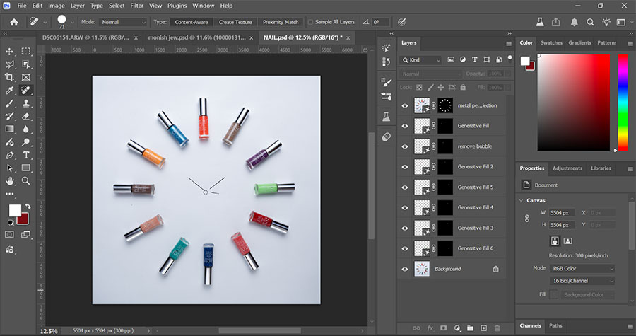 A screenshot of the Adobe Photoshop workspace displaying a file named NAIL.psd. The canvas shows a circular arrangement of nail polish bottles on a white background