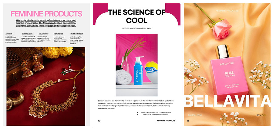 A three-page spread from a digital magazine titled FEMININE PRODUCTS. The left page showcases traditional gold jewelry on a dark red background