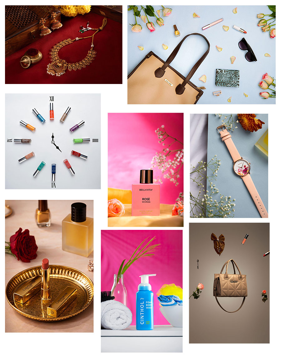 A composite product photography mood board featuring various styled shots: traditional gold jewelry on a dark red fabric