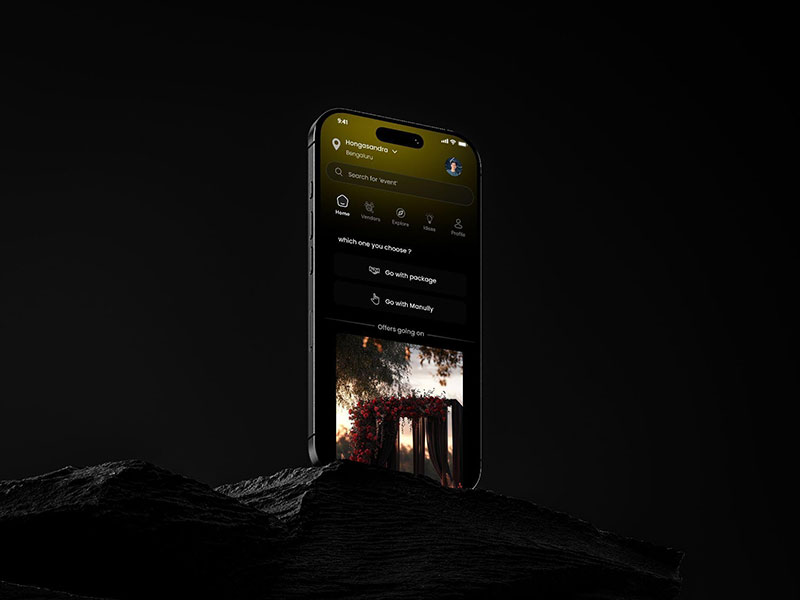 A mobile app interface for selecting events, held in a hand and featuring a dark-themed design with bold yellow accents.