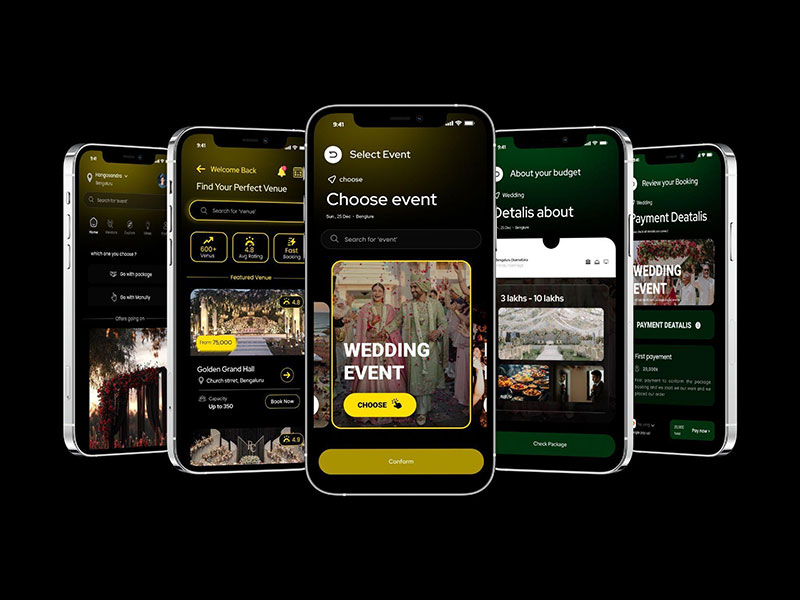 A comprehensive UI showcase for a dark-themed event planning mobile app featuring five smartphone screens displaying the user journey from venue selection to booking.