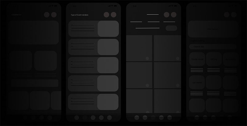 Low-fidelity wireframes for an event planning mobile app project, displayed as four grayscale UI layouts on a dark background.