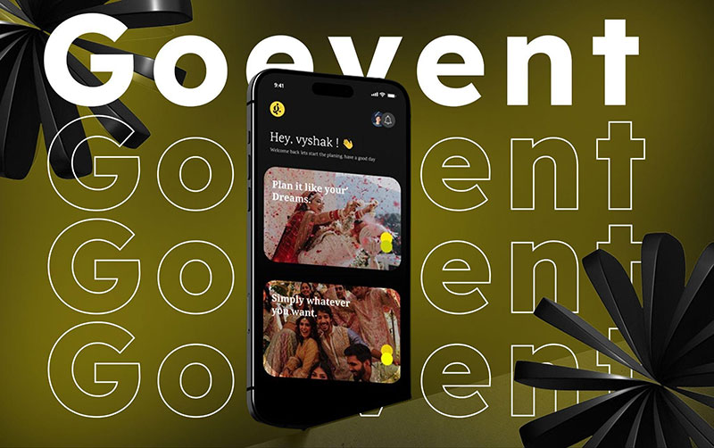 A promotional banner for the Goevent app featuring a mobile mockup centered against a golden-yellow background with large typography and decorative black paper-style accents.