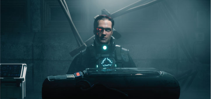 Futuristic sci-fi character with cybernetic eye in a dark lab environment