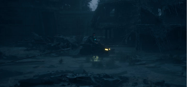 Futuristic vehicle in abandoned sci-fi environment at night