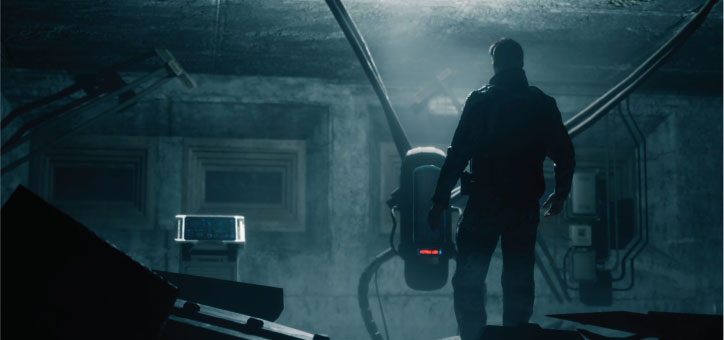 Futuristic character standing in a dark sci-fi lab environment