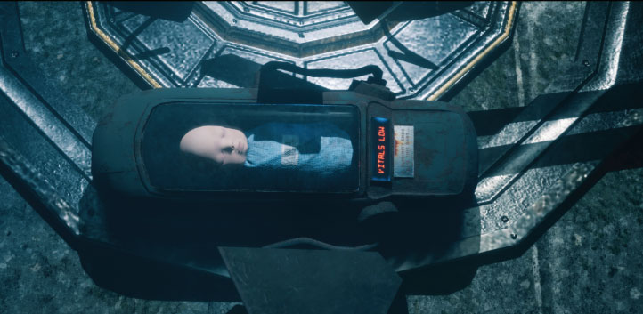 Futuristic pod with human figure in sci-fi lab environment