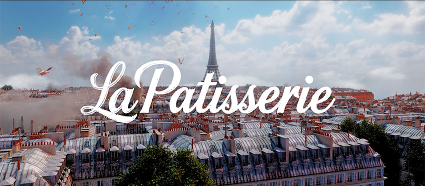 La Pâtisserie 3D animated Paris skyline with Eiffel Tower and rooftops representing passion and craft in animation