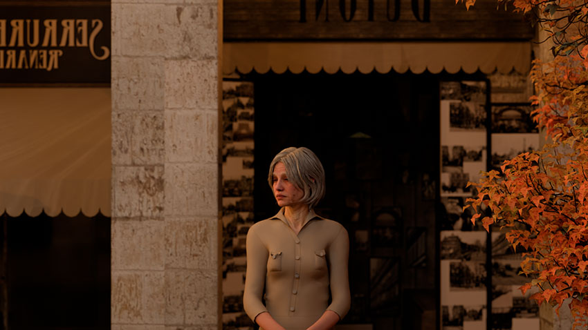 A stylized portrait of a contemplative older woman with short grey hair standing on a street next to autumn foliage