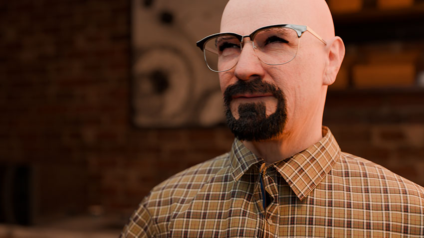 Close-up 3D render of a bald man with a goatee and glasses, wearing a tan plaid shirt.