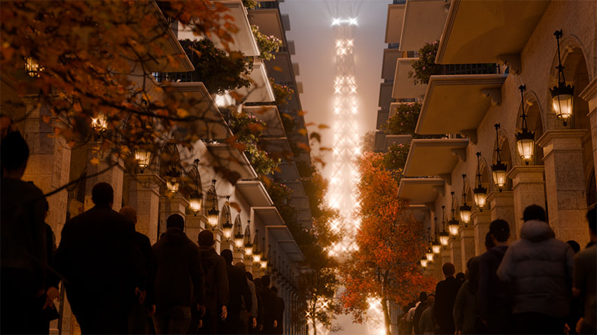 A stylized portrait of a contemplative older woman with short grey hair standing on a street next to autumn foliage