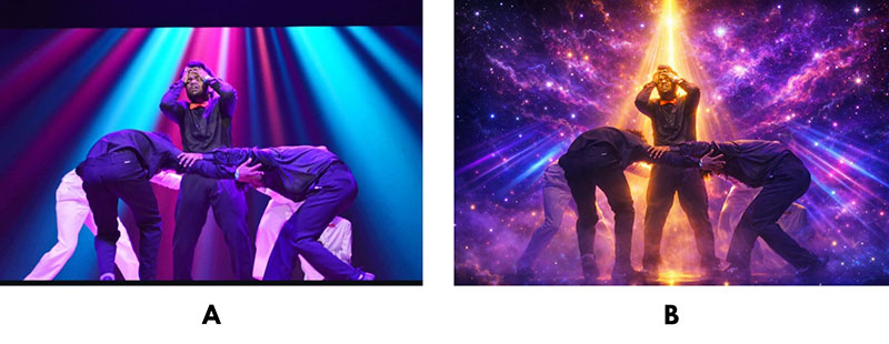 Simulation of artistic conditions using artificial intelligence. (A) Original stage performance photograph. (B) AI generated transformation showing a cosmic theatre atmosphere with dramatic lighting and celestial background. Source: Photo by author; AI transformation generated using ChatGPT.
