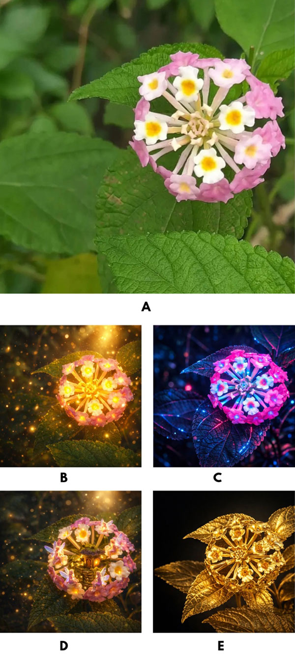 Creative transformations of a photograph using artificial intelligence. (A)Original image of a lantana flower. (B–E) AI generated artistic interpretations including fantasy lighting, cyberpunk style atmosphere, imaginative scene creation, and a golden sculptural transformation.