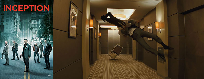 Shots from the film 'Inception' wherein the actors fight each other in zero gravity.