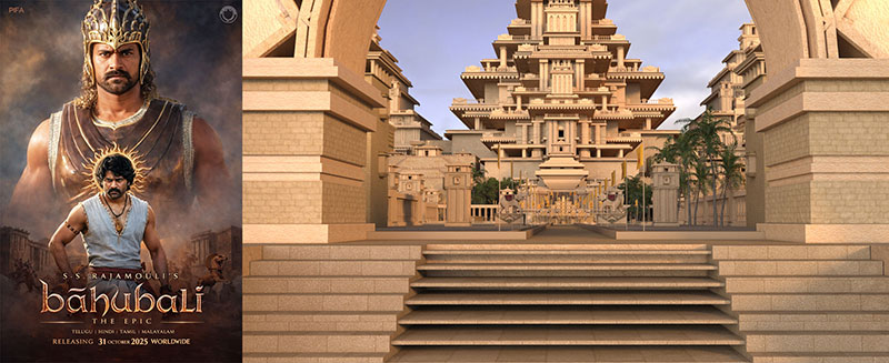 A film poster and a 3D rendered film set for 'Baahubali'
