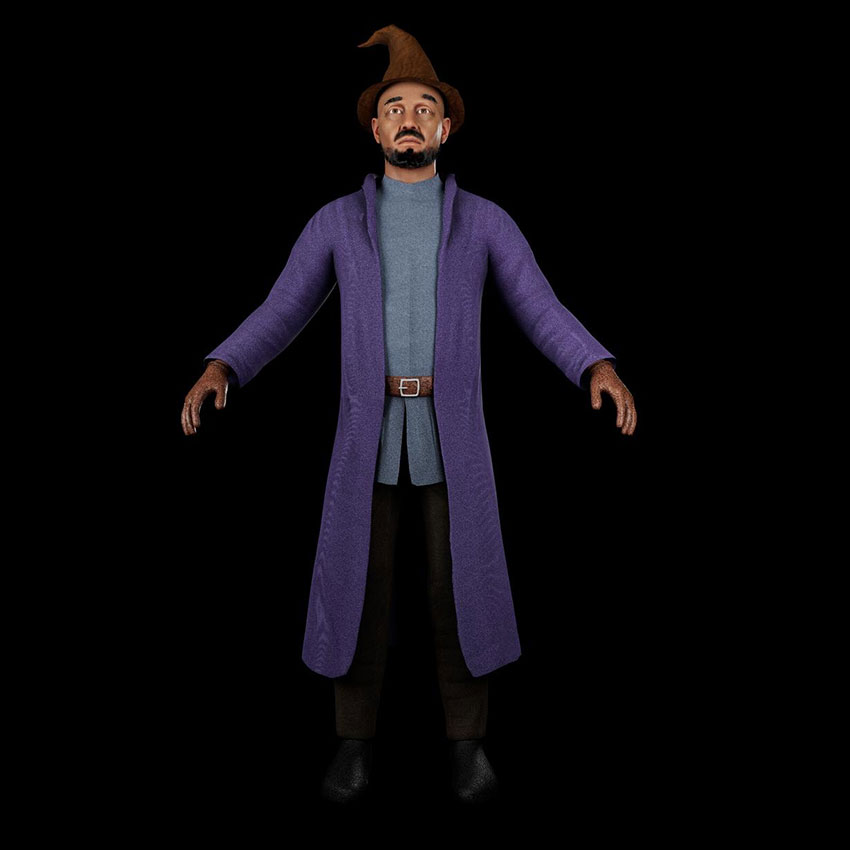 A full-body 3D character model of a wizard with a beard and brown pointed hat, wearing a long purple coat over a grey tunic.