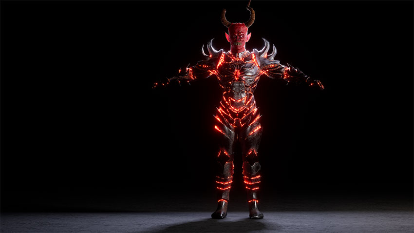 A 3D model of a demonic character with a red face and horns, wearing dark metallic armor with glowing red lava-like cracks.