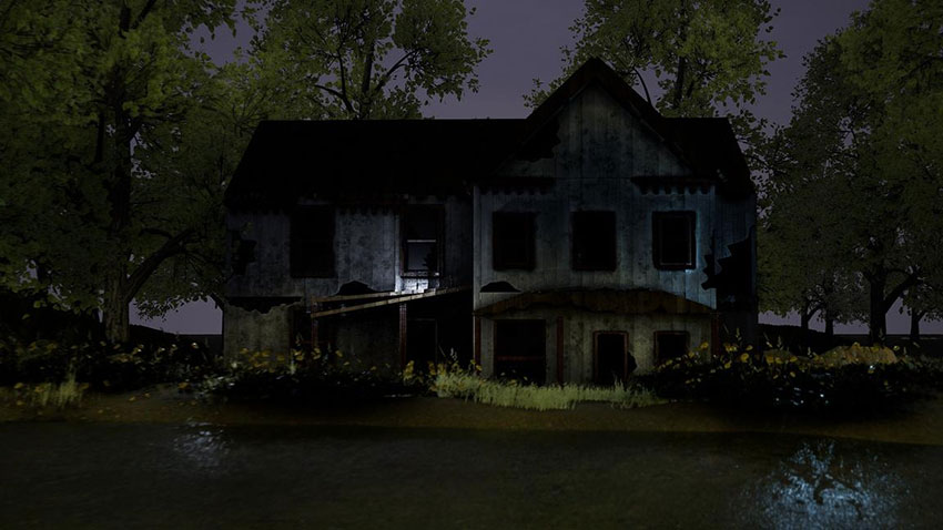 A 3D render of a dilapidated, two-story abandoned house at night, surrounded by dark trees and dense foliage.