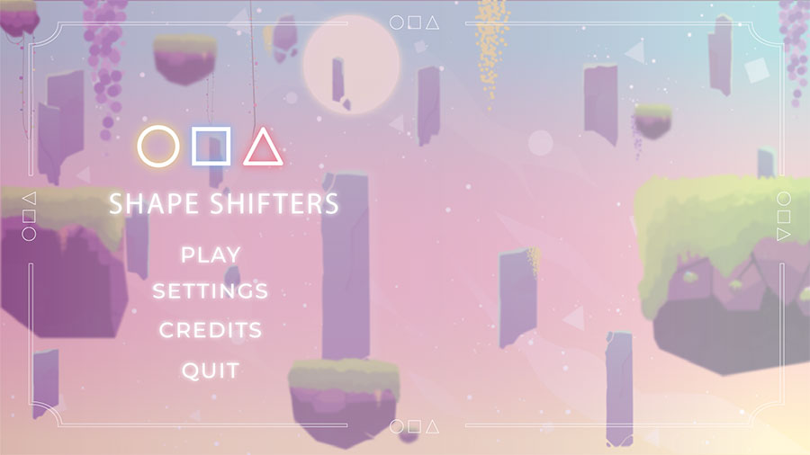 The main menu screen for a video game titled SHAPE SHIFTERS, featuring a dreamlike, pastel-colored background with floating purple islands and grassy platforms