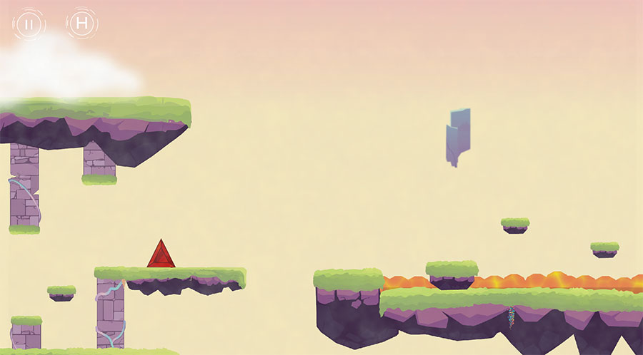 A gameplay screenshot of a 2D platformer game featuring a red triangle character on a grassy, purple-rock platform.