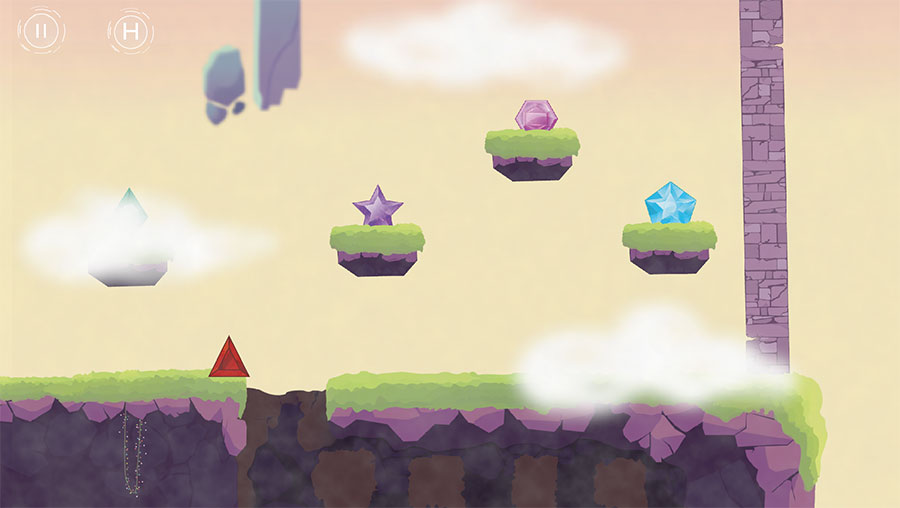 A gameplay screenshot of a 2D platformer game featuring a red triangle character on a purple rocky ledge