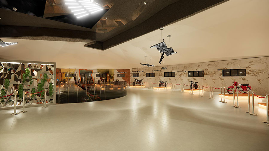 A high-end motorcycle showroom and gallery featuring sleek, contemporary design elements, including polished floors and artistic geometric wall installations.