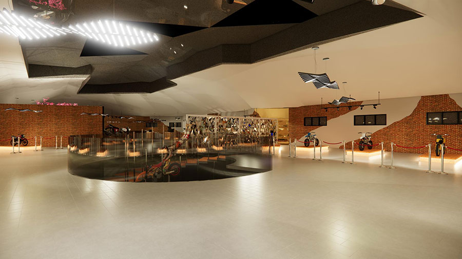 An ultra-modern motorcycle gallery featuring a dramatic, multi-layered ceiling with recessed geometric panels and sculptural lighting fixtures.