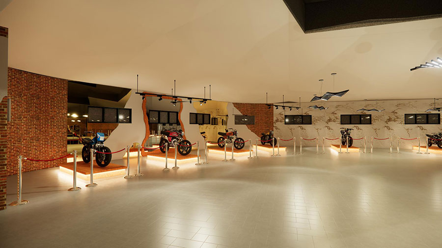 A contemporary motorcycle exhibit featuring a row of vintage and modern motorbikes displayed on illuminated wooden pedestals.