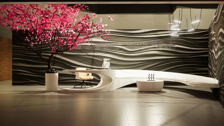 A sophisticated, modern reception area featuring a fluid, white sculptural desk and seating unit