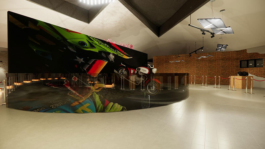 An ultra-modern motorcycle showroom featuring a large, curved digital display showcasing action-oriented motorcycling graphics.