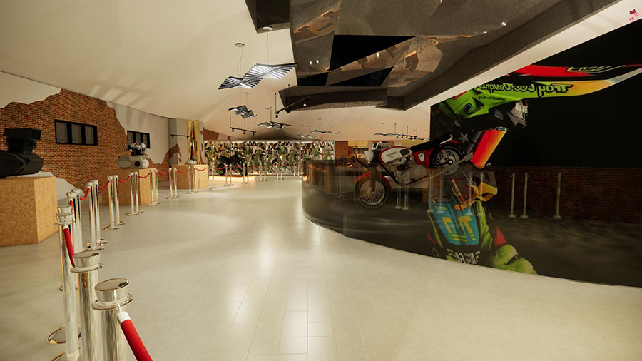 An avant-garde motorcycle showroom featuring high-end bikes displayed behind a curved glass partition and along brick-textured walls with red velvet stanchions.